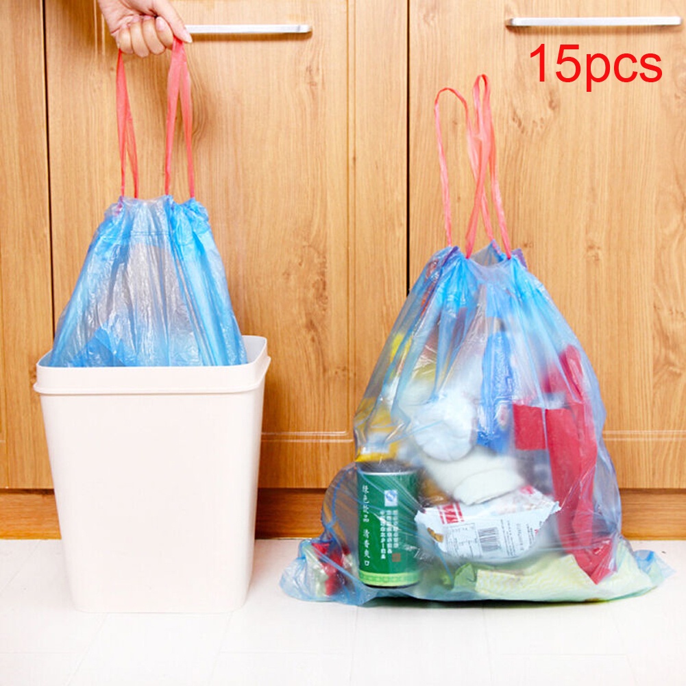 15pcs/roll Disposable Rubbish Bag Garbage Bin Liners Kitchen Toilet Waste Storage Bathroom Trash Bags with Drawstring Handle