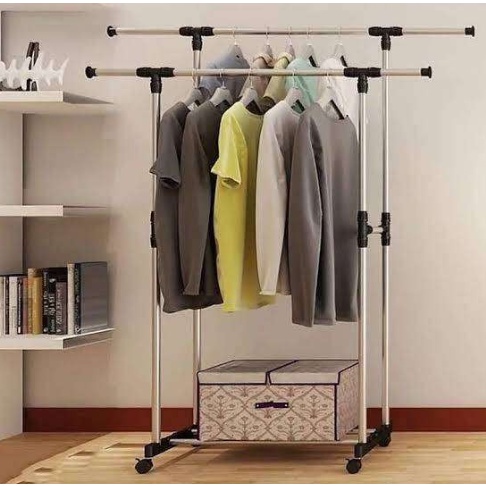 [MH] Rak Baju Gantung Stand Hanger Double Serbaguna 4 Roda Stainless Steel Portable