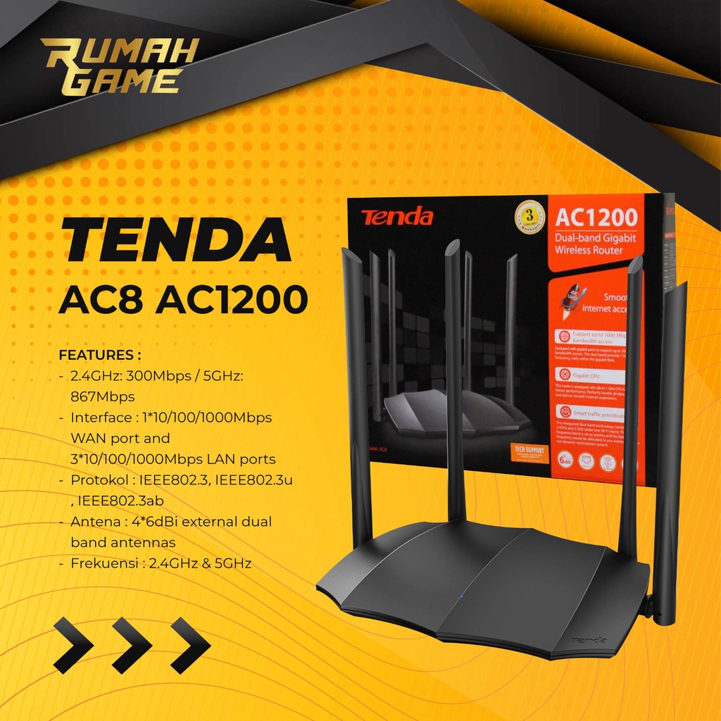Tenda AC8 AC1200 Wifi Router Dual-band Gigabit Wireless Router Pengganti Tenda AC6