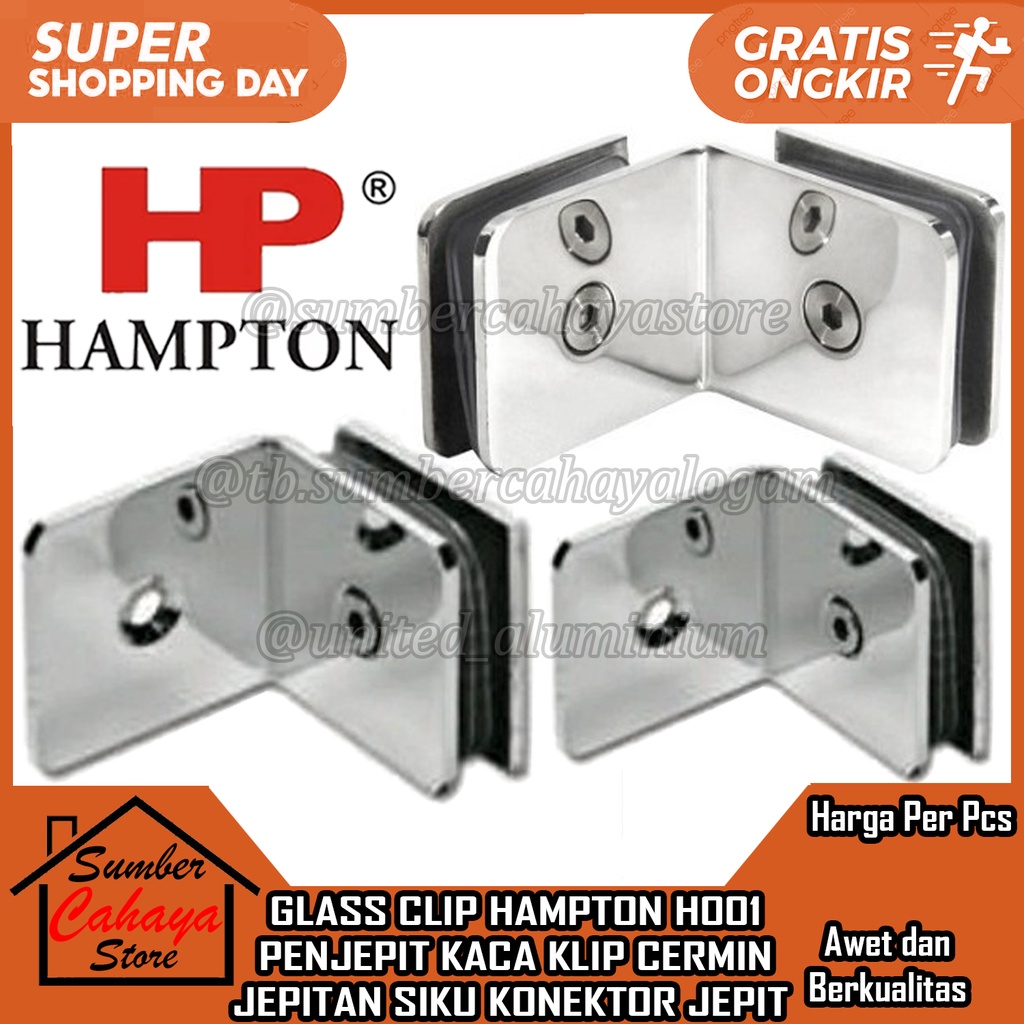 PENJEPIT KACA GLASS CLIP STAINLESS STEEL HAMPTON GL H001 GG GW AMBALAN JEPIT KLIP KELIP KONEKTOR HP 