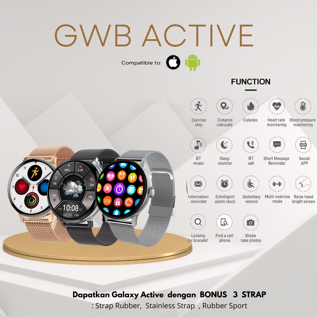 GWB Active Smartwatch Original AMOLED Screen Sports Fitness Menghitung Kalori Bluetooth Call Health Monitoring Bergaransi[FREE 2 STRAP]