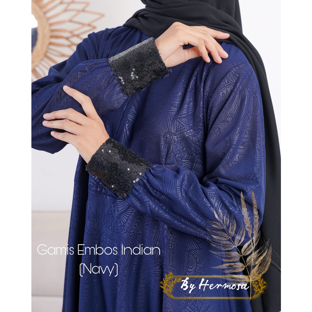 [Gamis Hermosa] Gamis wolfis embos motif Indian navy-gamis syari biru dongker-gamis pesta mewah