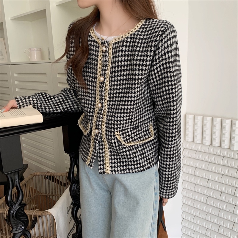 Jaket Wanita Terbaru Korean Style Lengan Panjang Kotak-kotak Kekinian Crop Cardigan Vintage Wanita