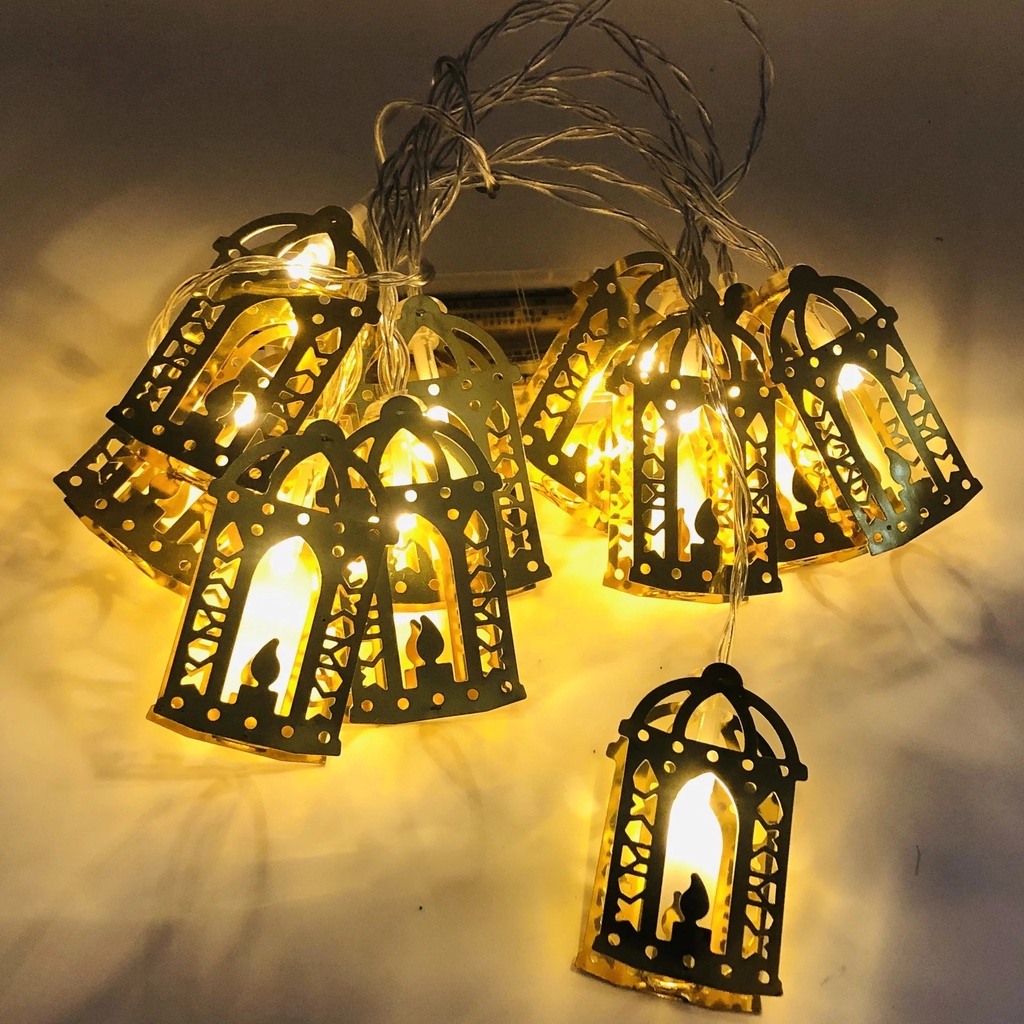 Castle Moon Star Gold Colour Lights Ramadhan Dekorasi Rumah 10LED Eid Mubarak Decor Perlengkapan Pesta Muslim Islami Lebaran Bulan Bintang Led String Light Iron Art Lampu String Led