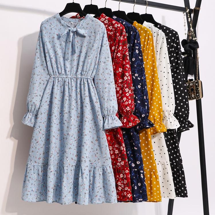 Booming Fashion Warna Hitam Bunga Biru Titik Gelombang Wanita Beach Midi Dress Korea Lengan Panjang 