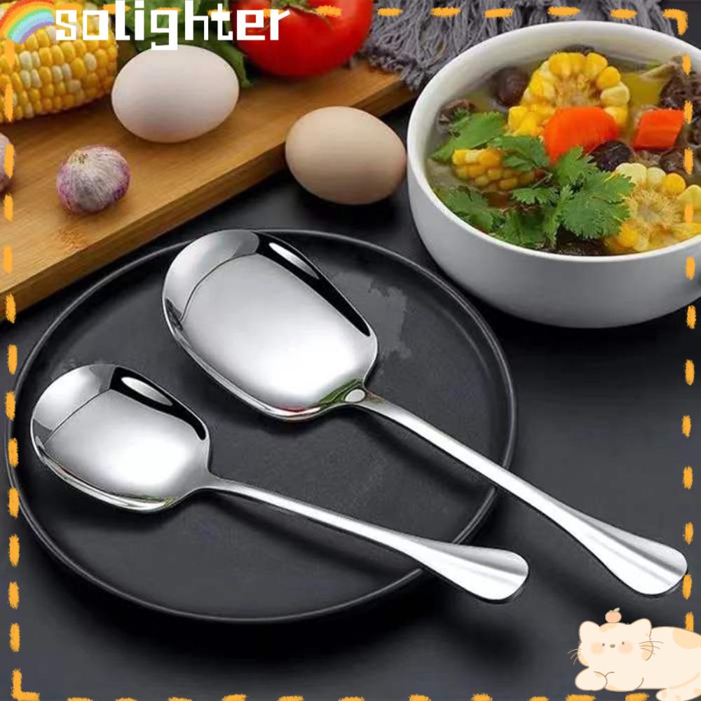 Solighter 2pcs Dish Public Soup Spoon Stainless Steel Gagang Panjang Peralatan Makan Distro Restoran Hotel