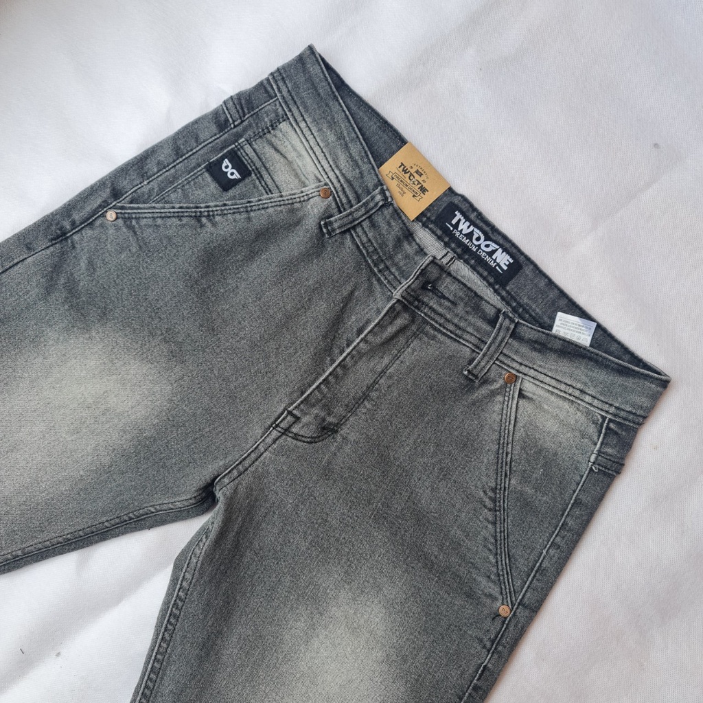 TWO ONE Celana Jeans Panjang Pria - Celana Jeans Pria Slim Fit Saku Bobok - Jeans Pria Denim Stretch Abu-abu