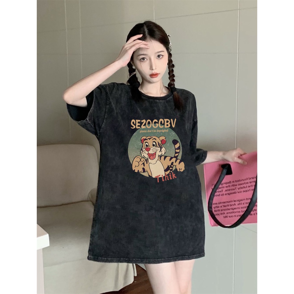 XIAOZHAINV Korean Style Tiger Anime Pattern Washed Printing Kaos Wanita