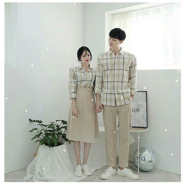 Minnie Kemeja Couple Flanel Brown Sudah 2 pcs - Baju Couple Pasangan Flanel Korean Style