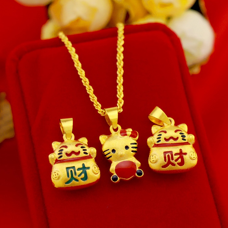 Goldkingdom Perhiasan Fashion Emas Asli Kadar 375Bangkok Aksesoris Ready Stock Drop Lem Kt Catwoman Gaya Berlapis Emas Padat Rejeki Kucing Liontin Kartun Kalung