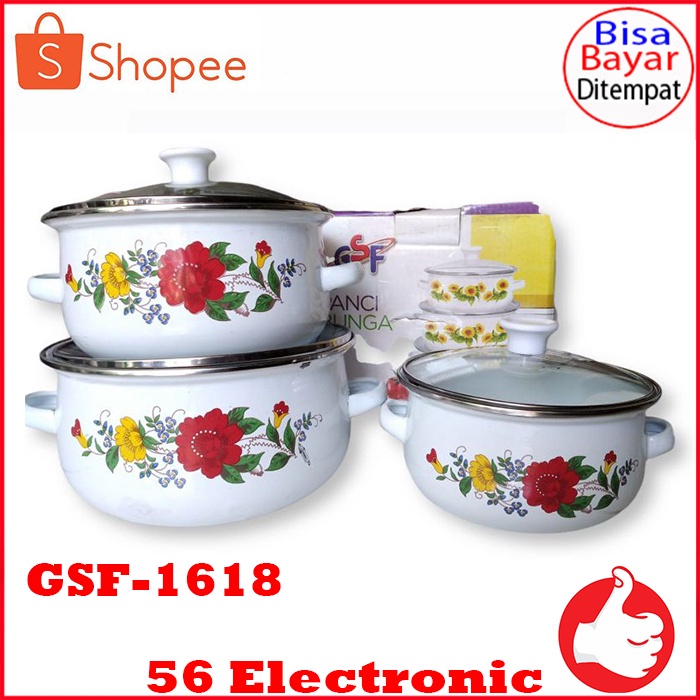 Panci Bunga Set Enamel 3 Susun Tutup Kaca GSF-1618 - Motif Bunga