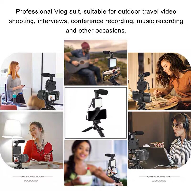 Vlogging KIT Paket Vlog 5in1 AY49 LED Light Tripod Phone Holder Microphone Remote Shutter.