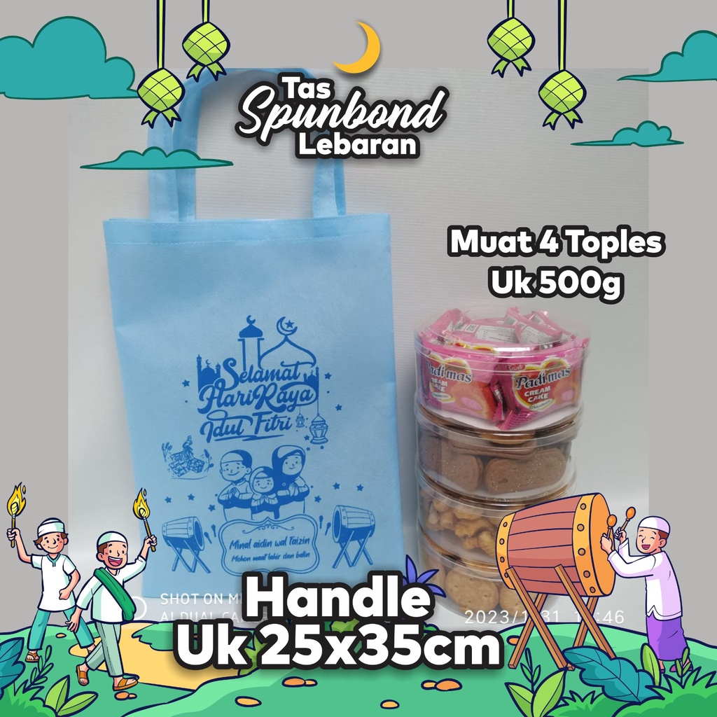 

Tas Spunbond lebaran, Tas Spunbond lebaran wadah toples kue kering , Tas Hampers Lebaran, Tas Hampers Idul Fitri