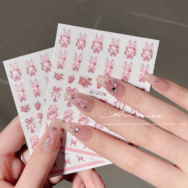 Kartun Lucu Pink Kelinci Pola Hewan Kuku Stiker 3D Kelinci Kuku Perekat Tape Manis Strawberry Pita Kuku Decal Manicure Art Dekorasi Alat Makeup Kuku