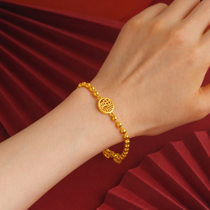Goldkingdom Fashion Perhiasan 24 K Bangkok Aksesoris Ready Stock Baru Berlapis Emas Gelang Kepala Buddha Melubangi Fu Karakter Model Perempuan Retro Manik Rantai Penyesuaian