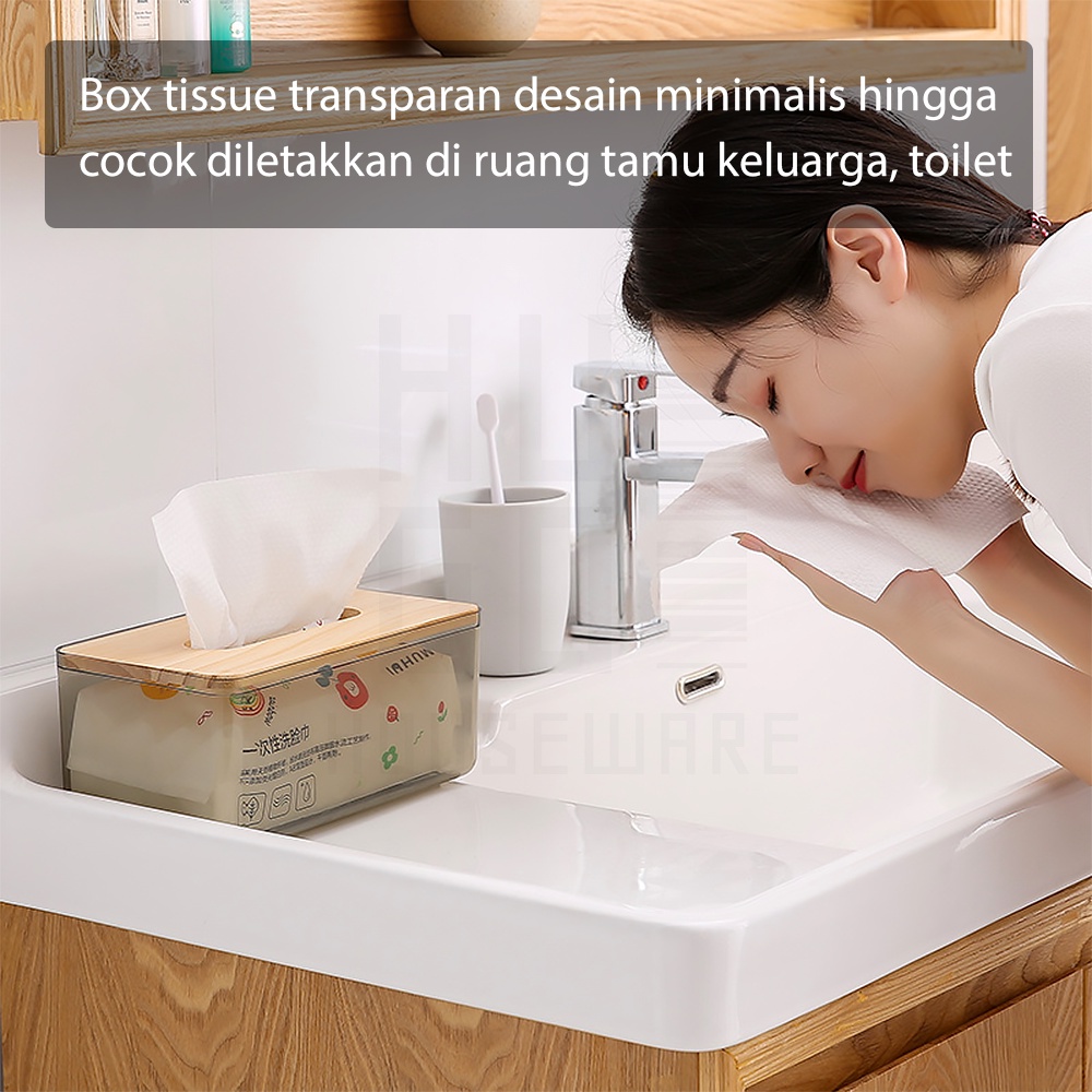 HUGO Kotak Tisu Tempat Penyimpanan Tisu Transparan Tutup Kayu Wadah Tissue Minimalis