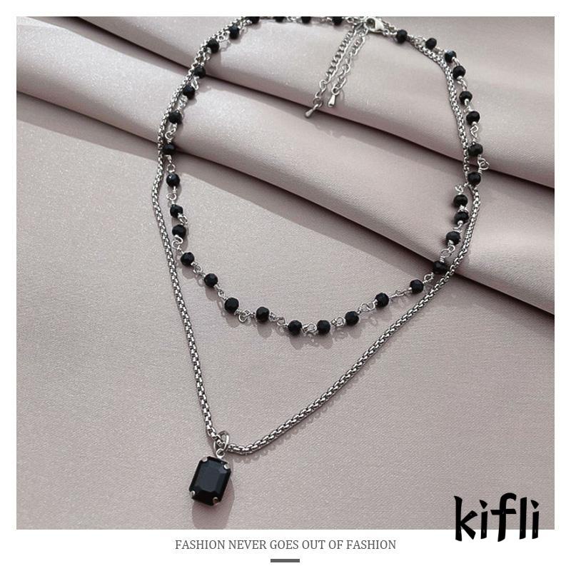 [KD] Kalung Manik-Manik Zirkon Hitam Double-layered Cool Fashion Clothes Chain Clavicle Chain Necklace