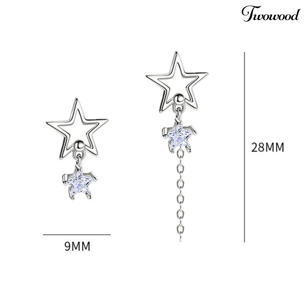 Twowood 1pasang Ear Studs Rantai Bintang Berongga Rumbai Tidak Teratur Warna Emas/Perak Cubic Zirconia Tertanam Bintang Drop Anting-Anting Perhiasan Fashion