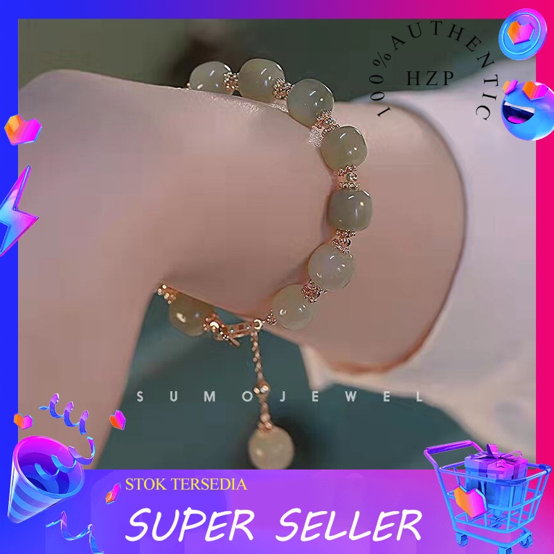 HZP Hetian giok tali giok manik-manik giok vintage cahaya mewah gelang wanita BFF hadiah temperamen 