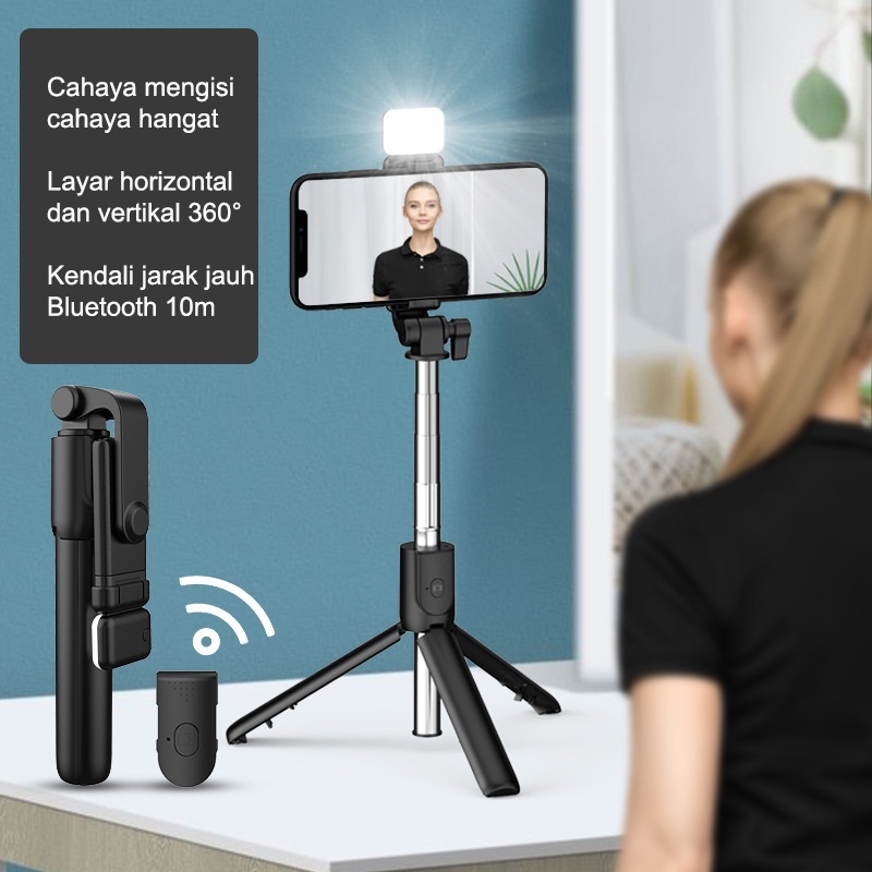 Tongsis Bluetooth Led R1S 3in1 Remote Selfie Stick Tripod 360