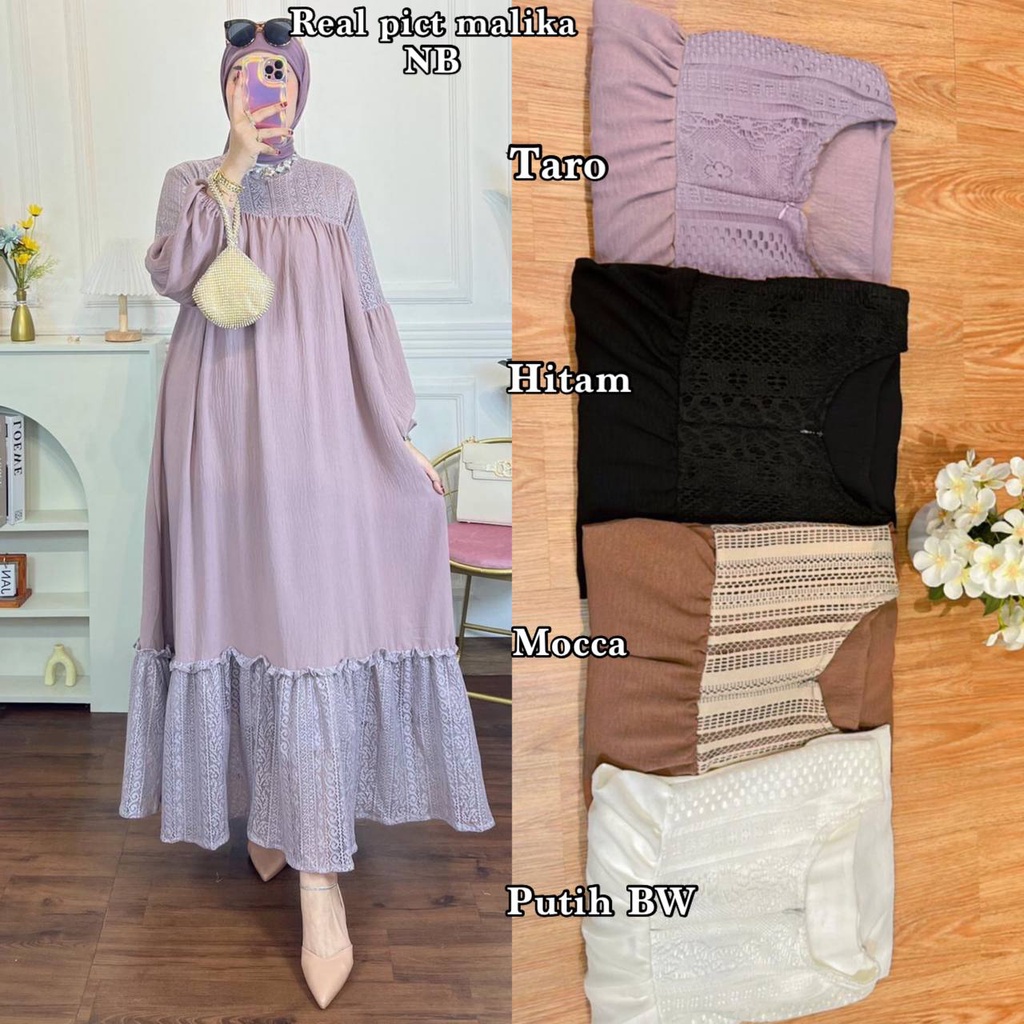 Malika Dress Wanita Crinkle Airflow  Premium Kombinasi Brukat Gamis Terbaru Lengan Balon Karet Ruffle Baju Muslim Jumbo Lengan Manset Kekinian LD 110 cm
