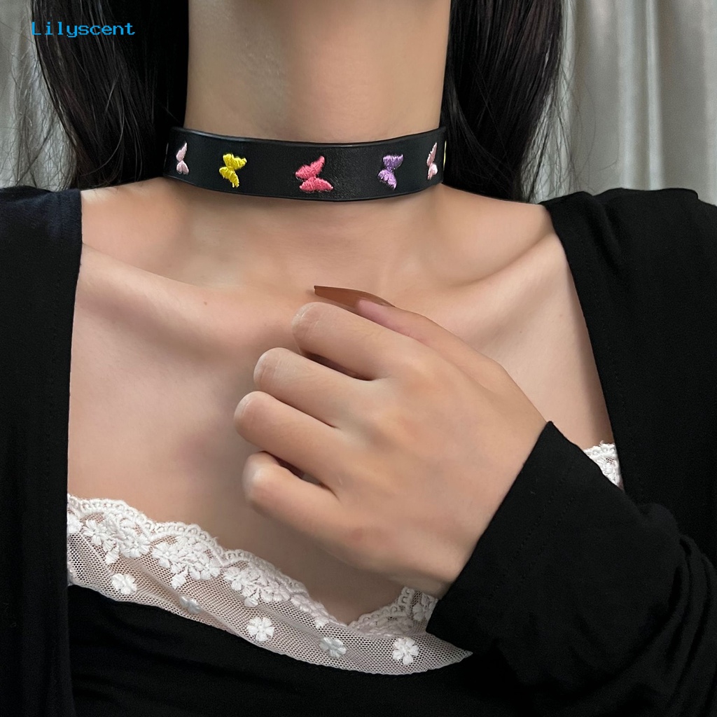 [LS] Choker Kalung Kulit Imitasi Warna-Warni Bordir Geometris Dapat Disesuaikan Nyaman Berdan Hadiah Valentine Wanita Bunga Matahari Kupu-Kupu Klavikula Kalung Perhiasan Aksesori Fashion