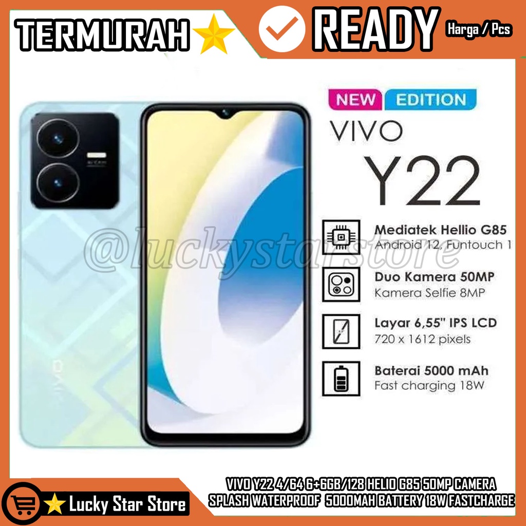 VIVO Y22 Y 22 4/64 4GB 64GB 6+6GB/128GB ROM FULL SCREEN HELIO G85 50MP CAMERA SPALSH WATERPROOF 5000