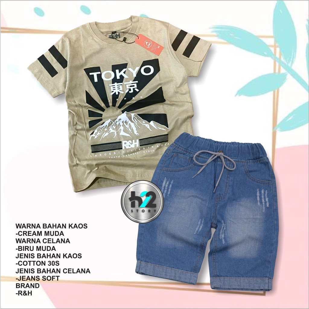 Setelan Anak Celana Jeans / Setelan Jeans Anak Laki Laki /  Setelan Kaos Distro Anak Celana Jeans Pendek Usia 3-12 Tahun / By H22Story