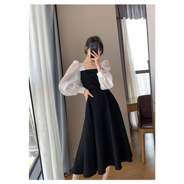 XIAOZHAINV Dress Wanita Korean Style Lengan Panjang Hitam 00650