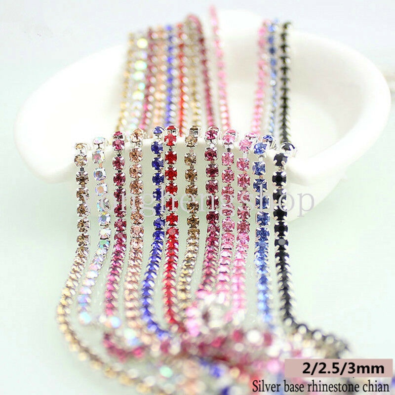 Rantai Kristal Berlian Imitasi Warna-Warni Ukuran 1m 2 / 2.5 / 3mm Untuk Kerajinan Tangan