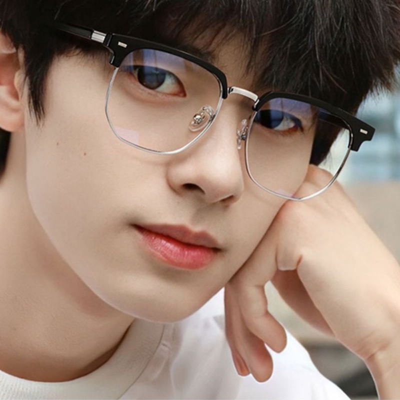 (YUZHU) Indah Mode Tinggi Logam Bulat Persegi Grame Kacamata Anti Cahaya Biru Alis Bingkai Setengah Rim Eyeglasses