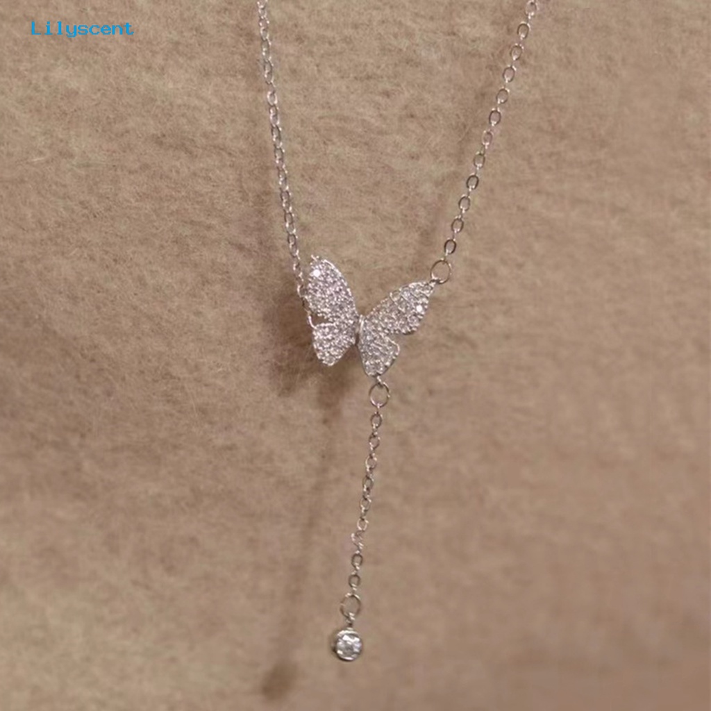 [LS] Kalung Rumbai High-end Kupu-Kupu Mutiara Imitasi Cahaya Mewah Cubic Zirconia Leher Ornamen Temperamen Shiny Panjang Liontin Klavikula Kalung Perhiasan Aksesori