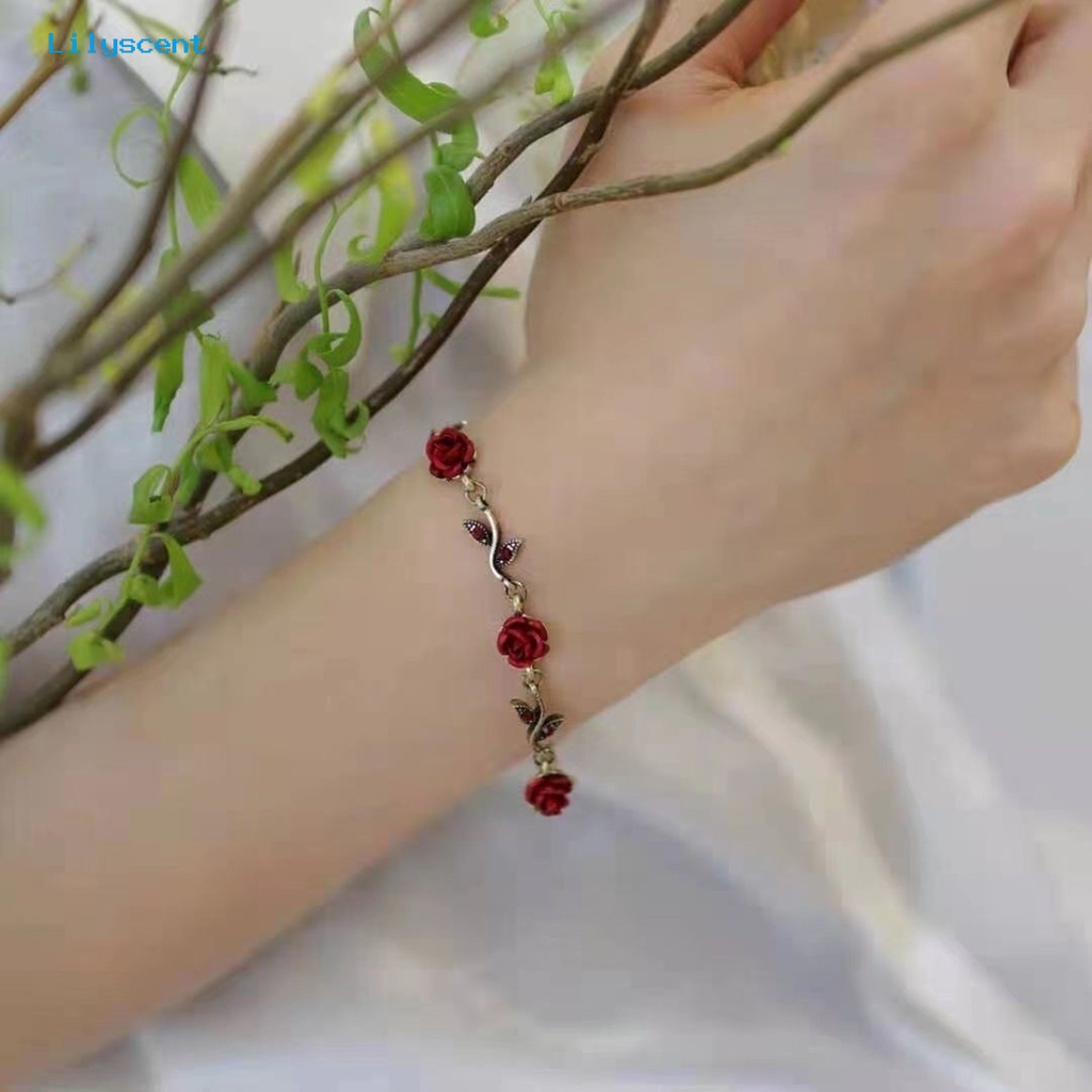 [LS] 1set Wanita Rose Kalung Gaya Perancis Retro Elegan Rantai Emas Peri Hadiah Adjustable Bunga Merah Gelang Stud Anting Kit Perhiasan Aksesoris