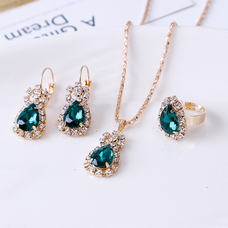 Set Kalung Anting Cincin Berlian Imitasi | Set Perhiasan Untuk Pengantin | Aksesoris Wanita | Aksesoris Bahan Stainless Steel