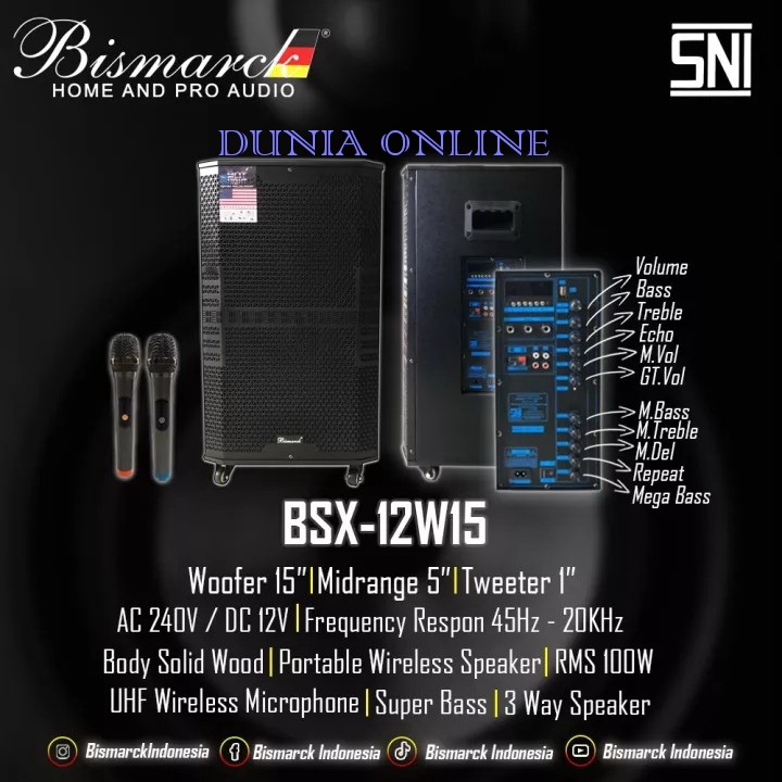 SPEAKER PORTABLE+STAND 15 INCH BISMARCK BSX12-W15 USB BLUETOOTH BSX12W15