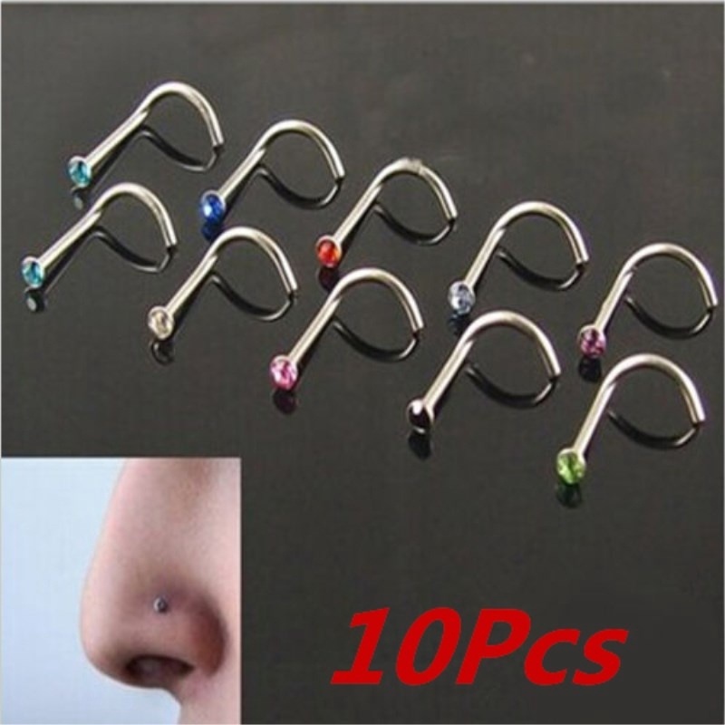 10pcs/set Fashion Wanita Punk Warna-Warni Berlian Imitasi Bedah Hidung Hoop Cincin Studs Perhiasan Tindik Tubuh