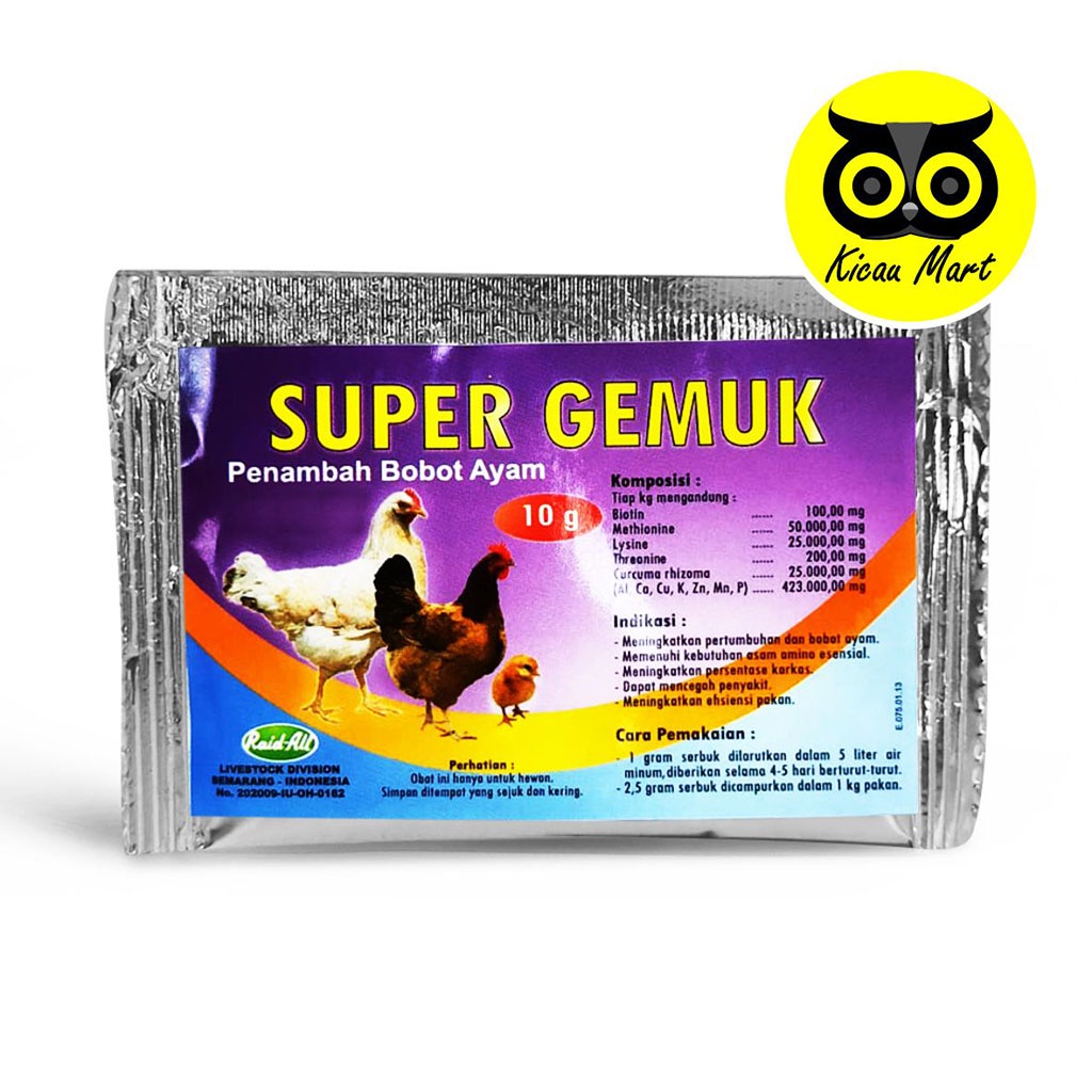 Vitamin Penambah Bobot Ayam Super Gemuk Sachet Isi 10 Gram Obat Penggemuk Ayam Bebek Unggas Ternak Penambah Nafsu Makan Anti Stress Raid All