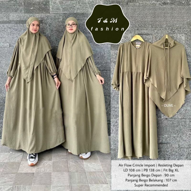 T &amp; M Fashion~Gamis Premium Khadisa Set Bergo Instan Matt Crinkle Air Flow Gamis Wanita Muslim Terbaru 2023 Khadijah Set Syari Gamis Syari Jumbo Hasanah