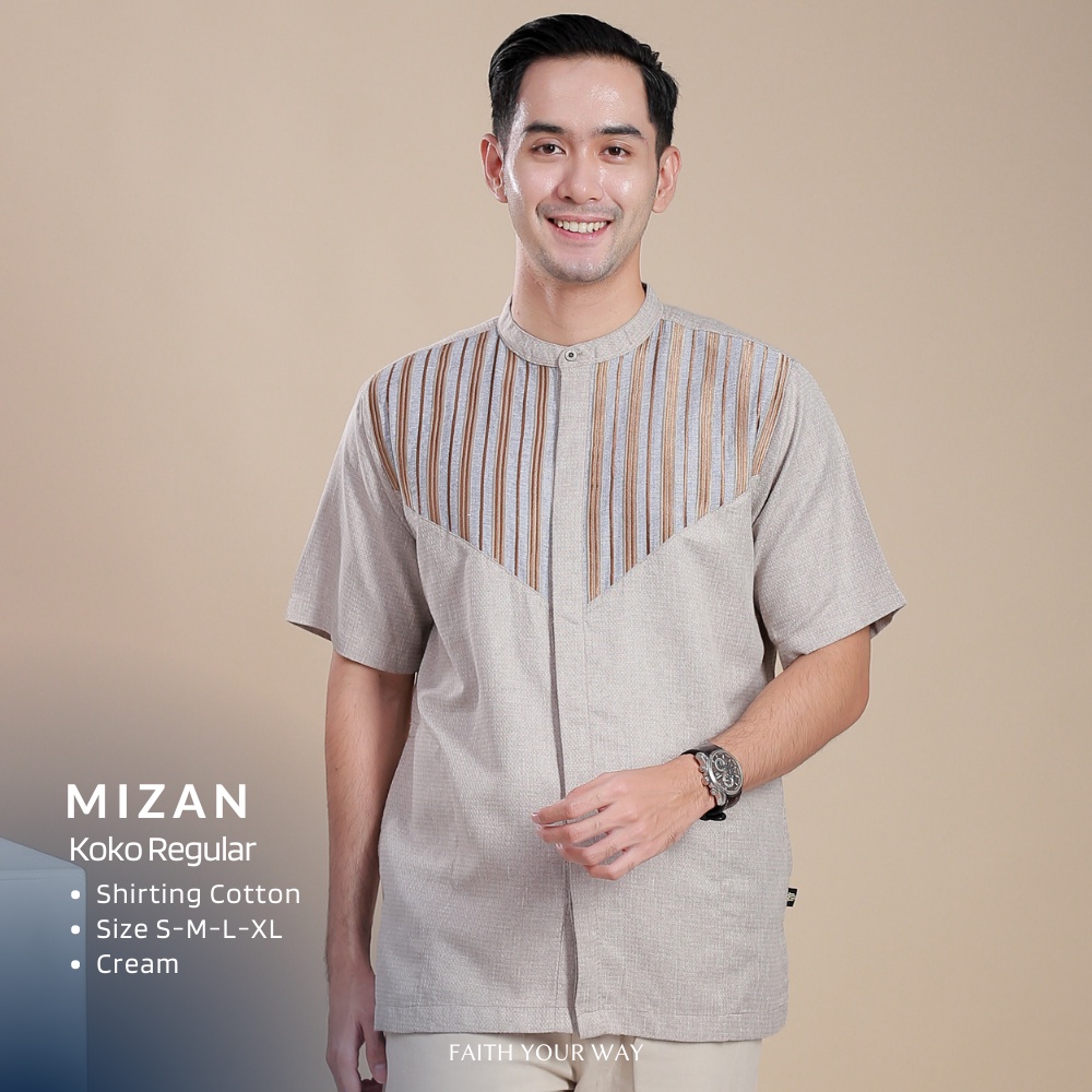 Muslimadani Baju Koko MIZAN Kemko Dewasa Lengan Pendek Baju Muslim Kemeja Koko Pria Bordir-CREAM