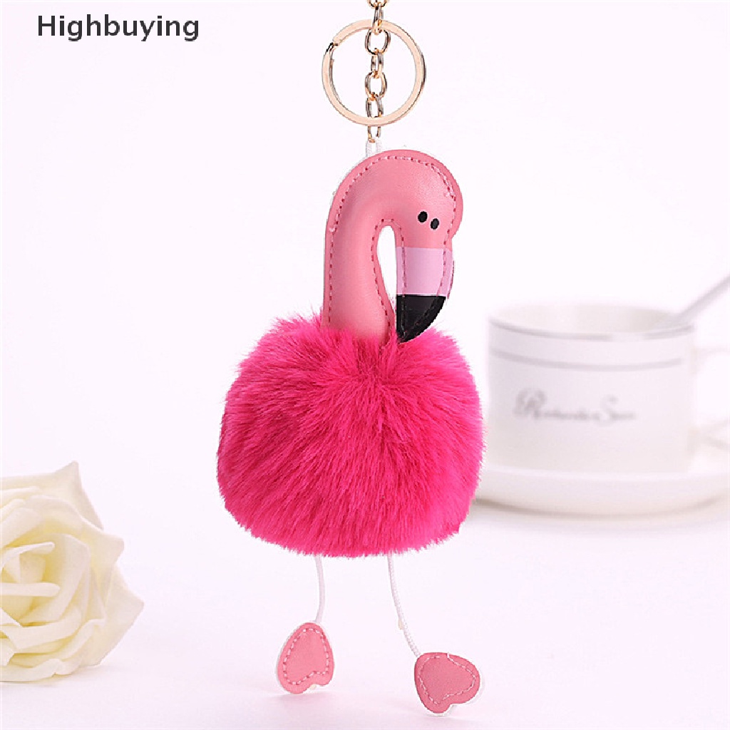 Hbid Gantungan Kunci Flamingo Fluffy Faux Rabbit Fur Ball Key Chain Wanita Gantungan Kunci Tas Mobil Glory