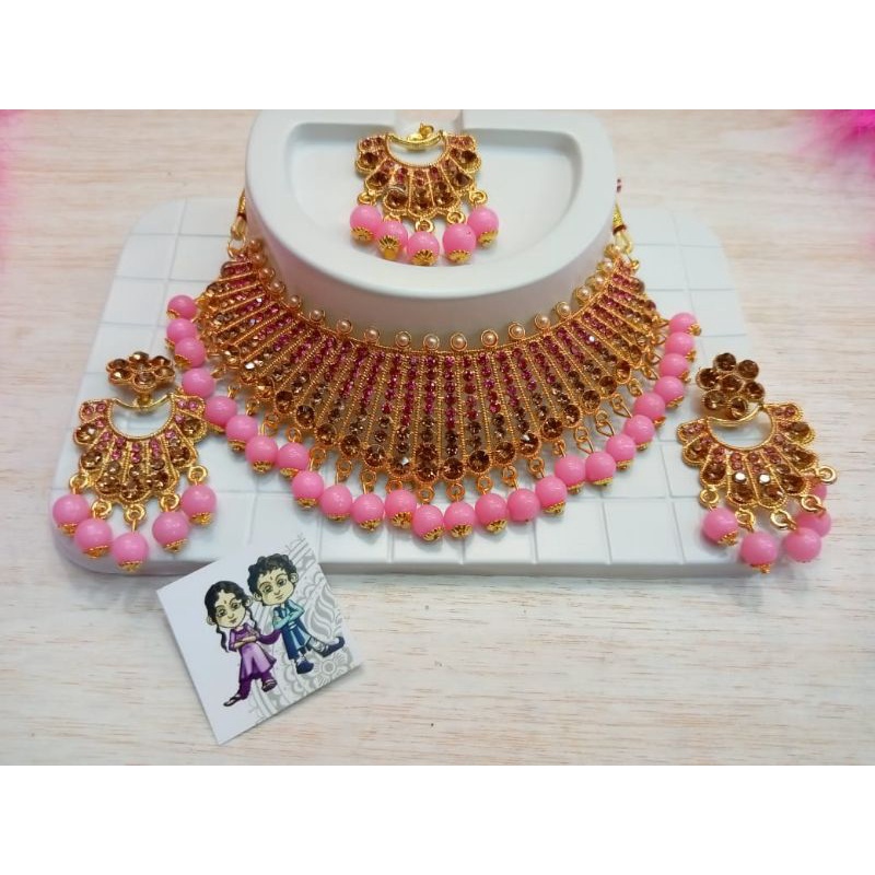 PROMO  Mewah Mutiara Kalung Set Anting Mangtika Tika Set Perhiasan Pesta India Choker Set Aruhi Depi