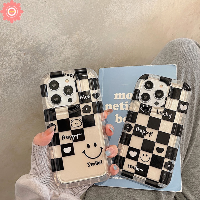 Ins Kotak-Kotak Smiley Pasangan Case Kompatibel Untuk IPhone 7Plus 11xr 14 13 12 Pro MAX 8Plus 6 6S Plus X XS MAX Beruang Lucu Airbag Shockproof Lembut TPU Silicon Clear Phone Cover