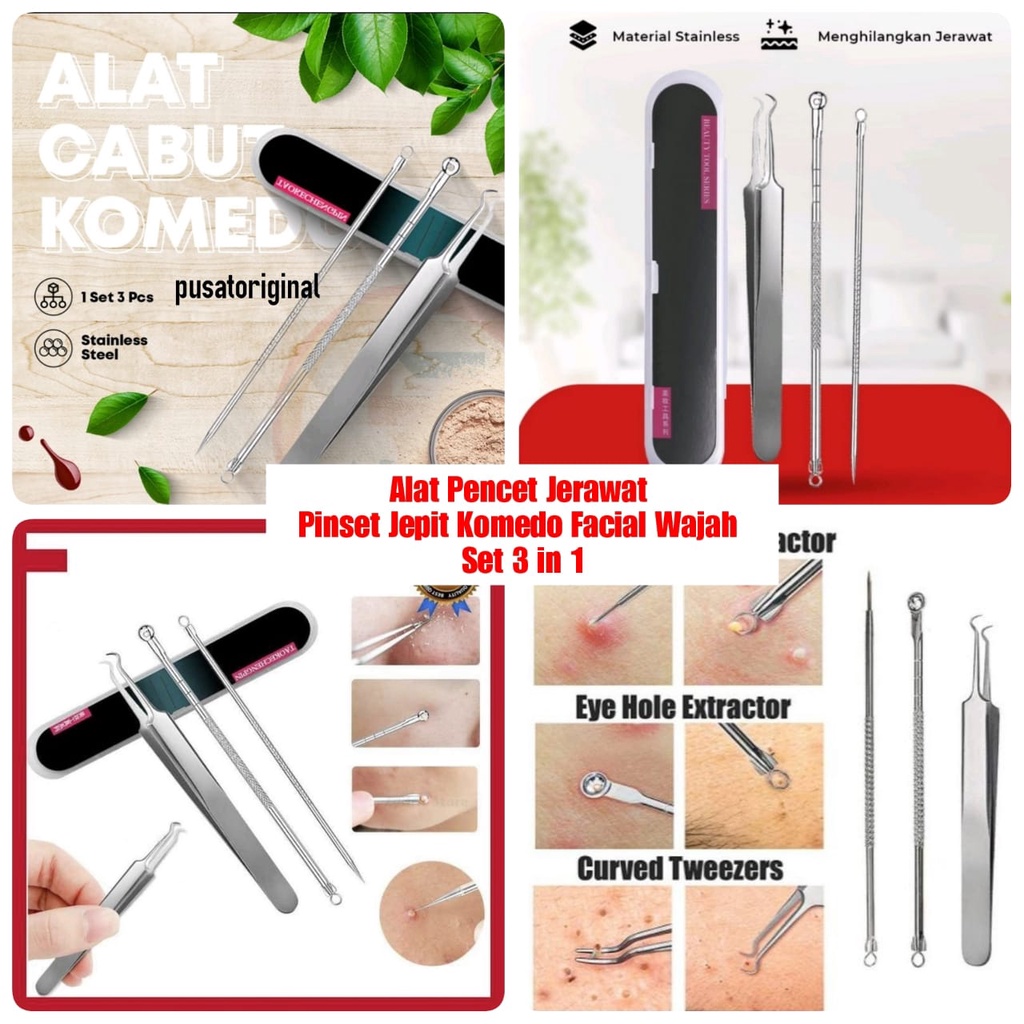 Set Alat Pinset Pembersih Pencet Komedo Jerawat Facial Wajah 3 in 1