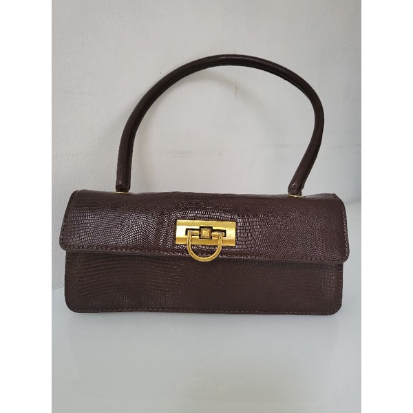 tas kulit pesta, cantik, coklat, preloved