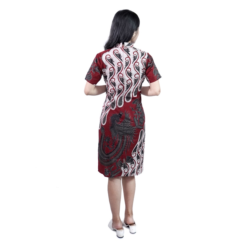 Couple Batik Dress Wanita Hem Pria Lengan Pendek Batik Merak Merah