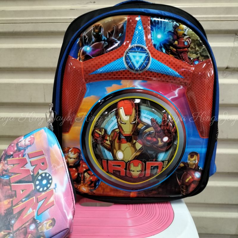 Ransel TK Murah Gasing Kids 14 Inc Emboss Batok Karakter Tas Sekolah Anak Laki-Laki Ironman Captain America Bumblebee