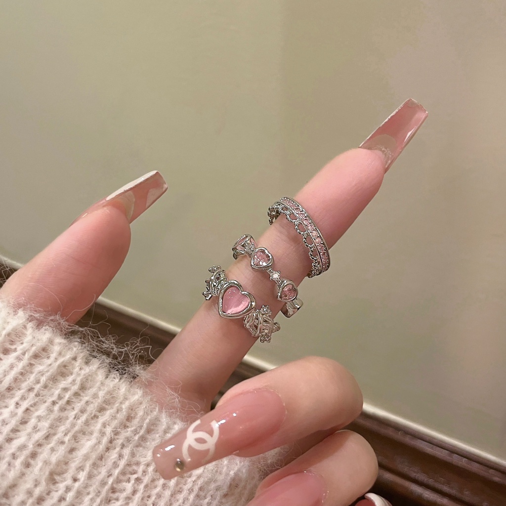 Cincin Silver Zircon Pink Manis Kristal Hati Pembukaan Adjustable Rings Untuk Aksesoris Perhiasan Wanita