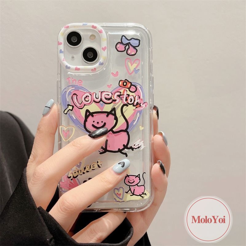 Ins Lucu Kartun Graffiti Cinta Hati Kucing Case Kompatibel Untuk iPhone 14 Pro Max11 13 12 7 8 Plus XR X XS MAX 6 6S Plus Airbag Shockproof Lembut Silicon TPU Penutup Belakang