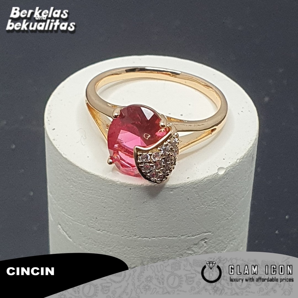 Cincin Wanita Motif lMahkota  Mata Pink C0969 CCG