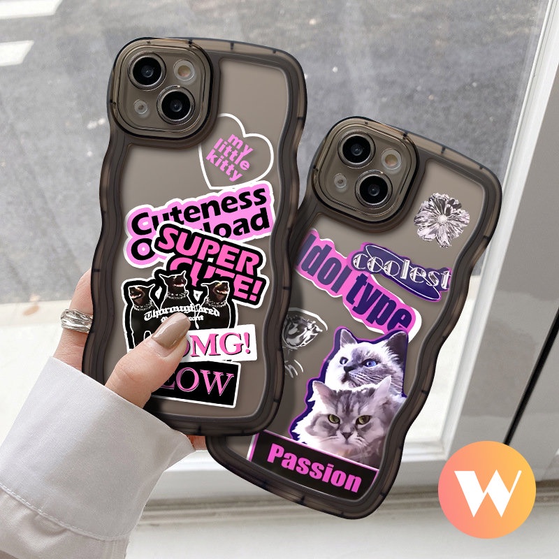 IPHONE Merek Trendi Stiker Label Ponsel Case Kompatibel Untuk Iphone7 6 8 6s Plus XR 11 14 12 13 Pro Max 7Plus X XS Max SE 2020 Lembut Tpu Wavy Edge Cool Fashion Cat Cover